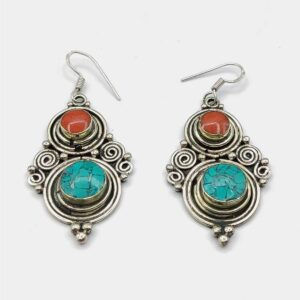 Turquoise and Coral Encrusted Stone Earrings 1