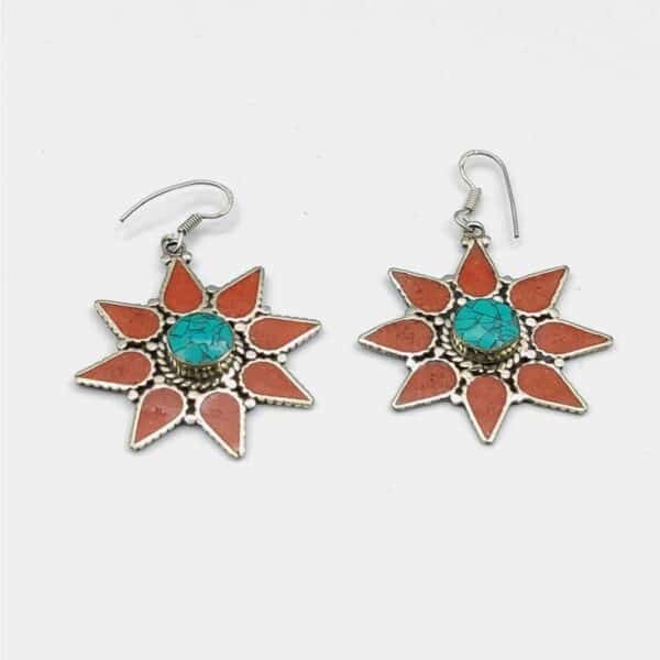 Turquoise and Coral Stone Star Earrings 2