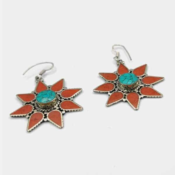 Turquoise And Coral Stone Star Earrings