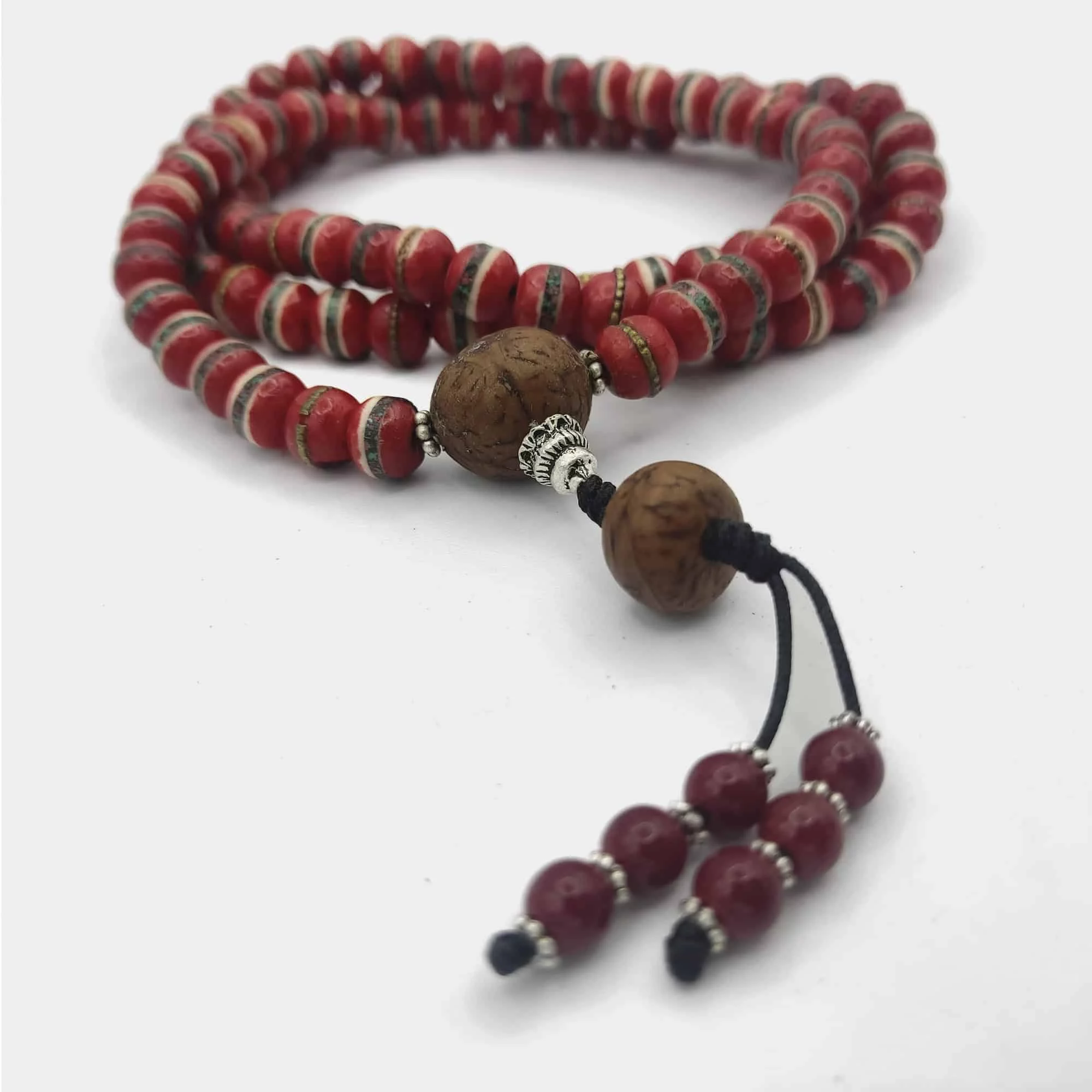 Mala de Oração de Osso de Yak Vermelho com Incrustações
