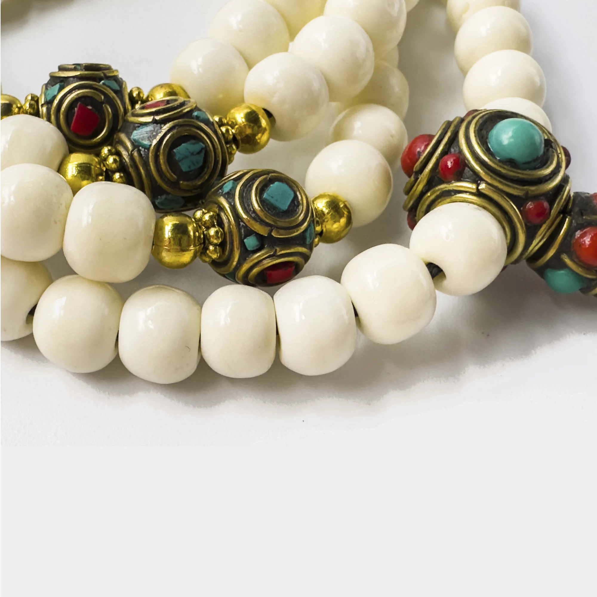 Mala Tibetana De Osso De Yak 108 Contas Com Latão Incrustado