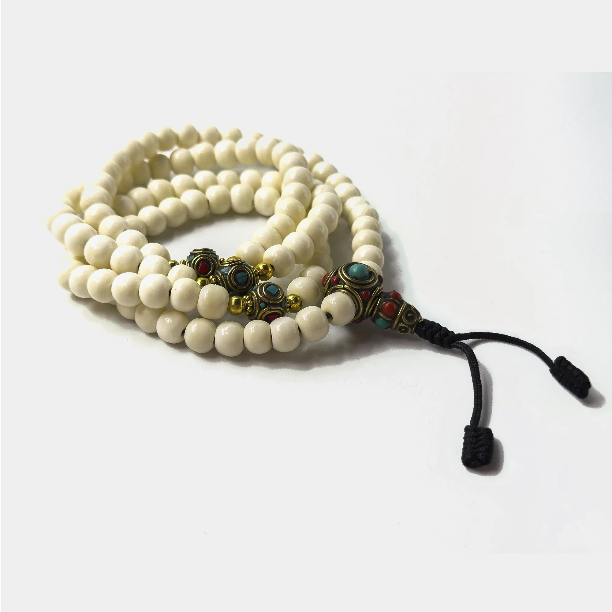 Mala Tibetana De Osso De Yak 108 Contas Com Latão Incrustado